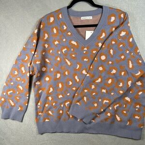 Ninexis‎ Leopard V-Neck Women’s Sweater Size 1X Blue/Ochre Stretchy Soft NWT
